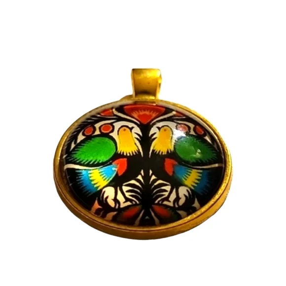 Vintage Eastern European Folk Art Pendant 18K Colorful Bird Motif 1" Medallion - Picture 7 of 11
